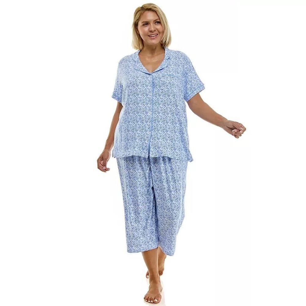 Croft & Barrow 4X Pajamas Blue Crop Capri Pants Collar Button-Up Pockets Stretch